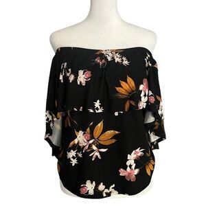 Stella Tweed Blouse Off the Shoulder Top XL Black with Floral Print​​​​​